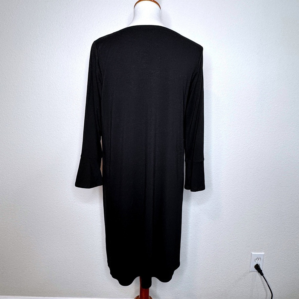 EILEEN FISHER Midi Lyocell Dress Petite LG Black 3/4 Bell Sleeves Boat Neck Ltwt - Picture 5 of 9